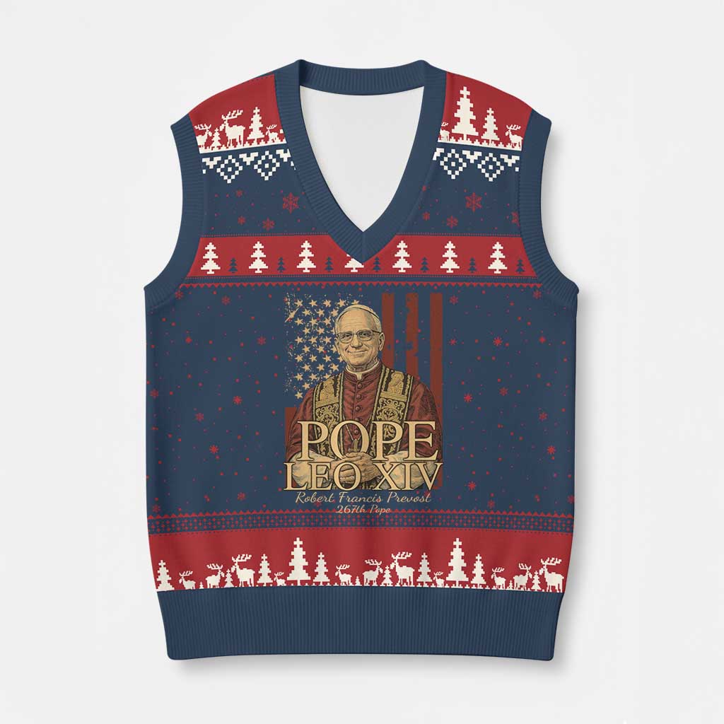 Cardinal Pope Leo XIV V-Neck Knit Sweater Vest 267th Robert Francis Prevost American Flag TS11 Navy Red Print Your Wear
