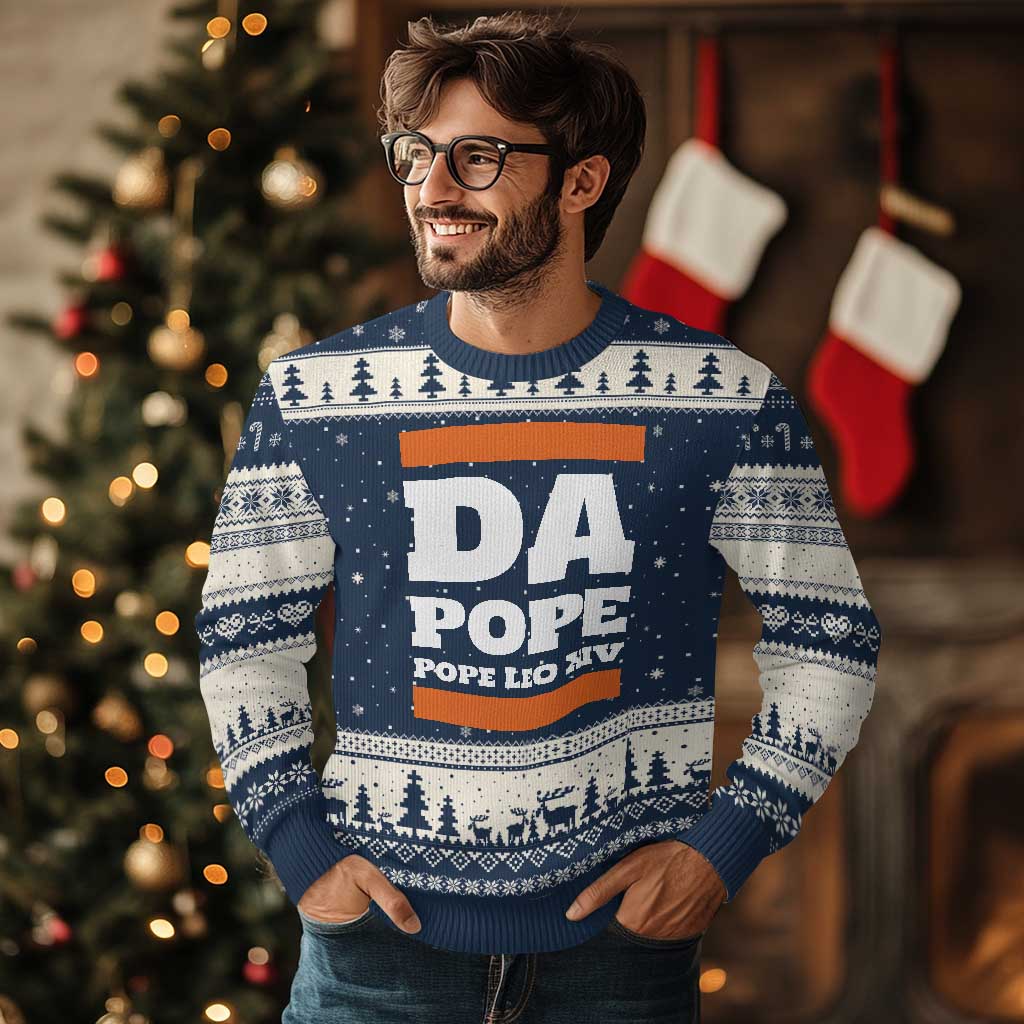 Funny Da Pope From America Chicago Pope Leo XIV Ugly Christmas Sweater TS11 Navy Beige Print Your Wear