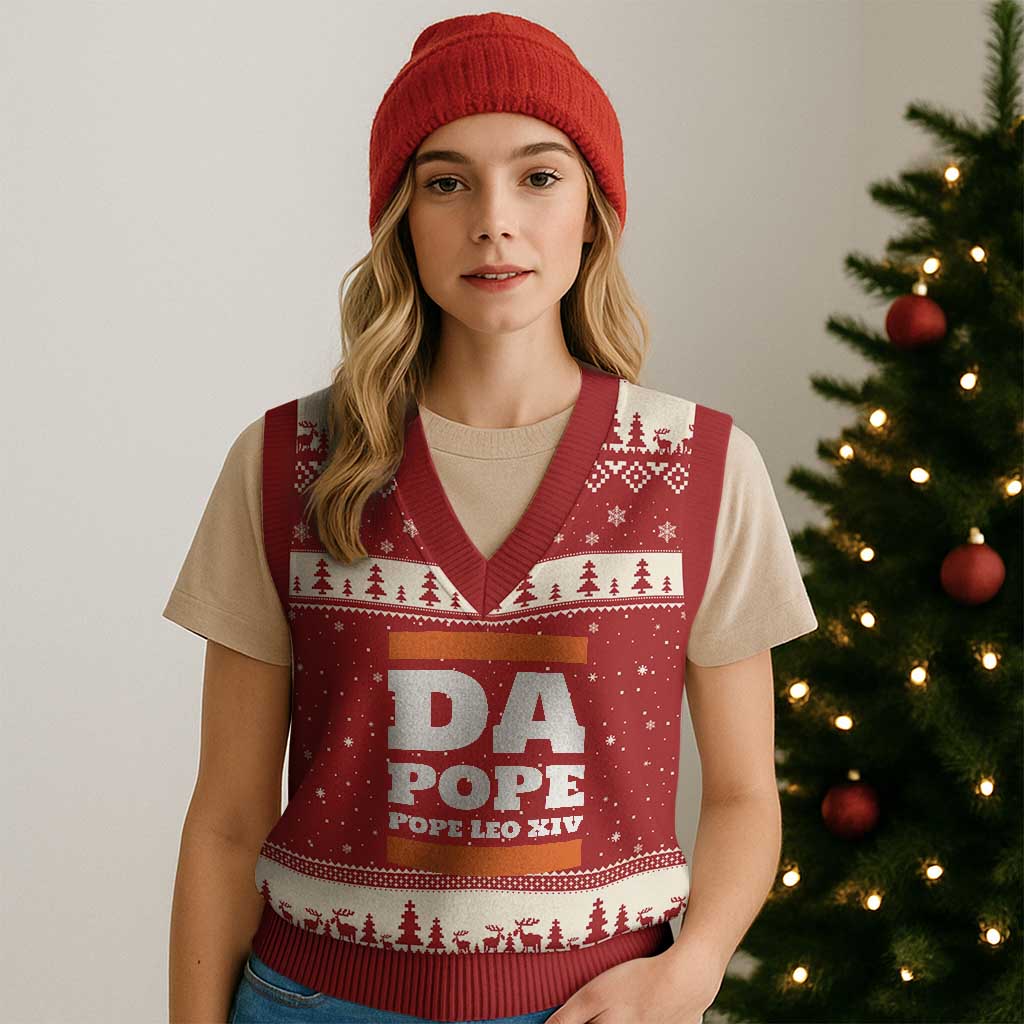 Funny Da Pope From America Chicago Pope Leo XIV V-Neck Knit Sweater Vest TS11 Red Beige Print Your Wear