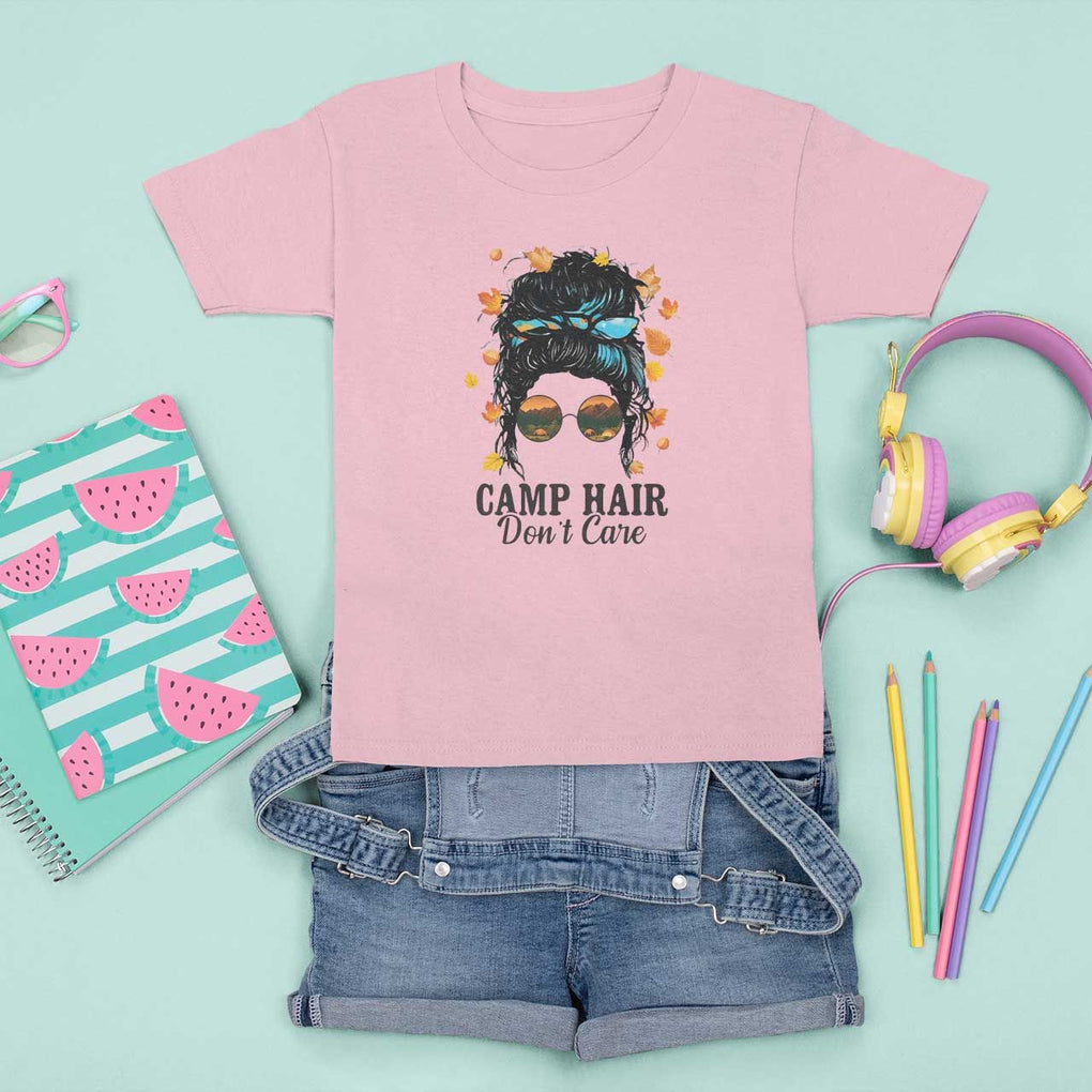 Funny Camping Lover T Shirt For Kid Camp Hair Don't Care Messy Bun Camper TS11 Light Pink Print Your Wear