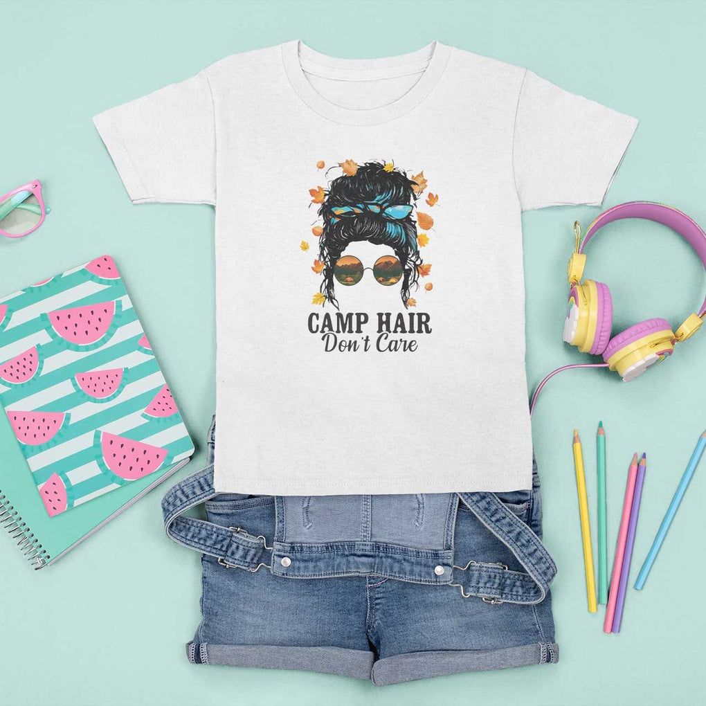 Funny Camping Lover T Shirt For Kid Camp Hair Don't Care Messy Bun Camper TS11 White Print Your Wear