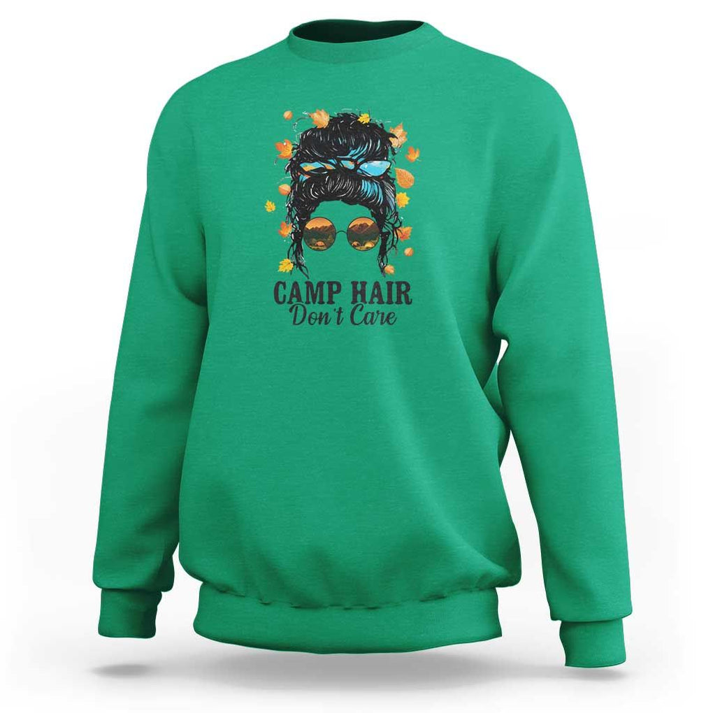 Funny Camping Lover Sweatshirt Camp Hair Don't Care Messy Bun Camper TS11 Irish Green Print Your Wear