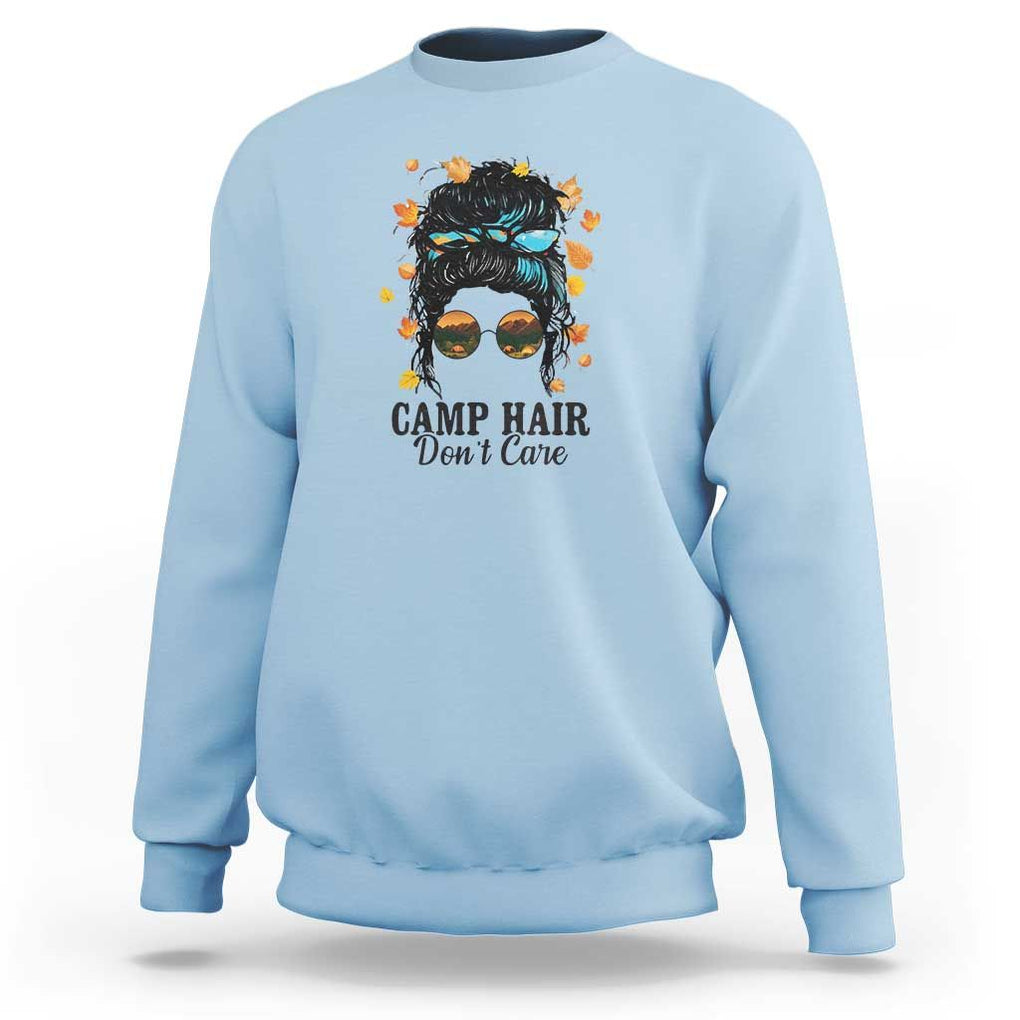 Funny Camping Lover Sweatshirt Camp Hair Don't Care Messy Bun Camper TS11 Light Blue Print Your Wear