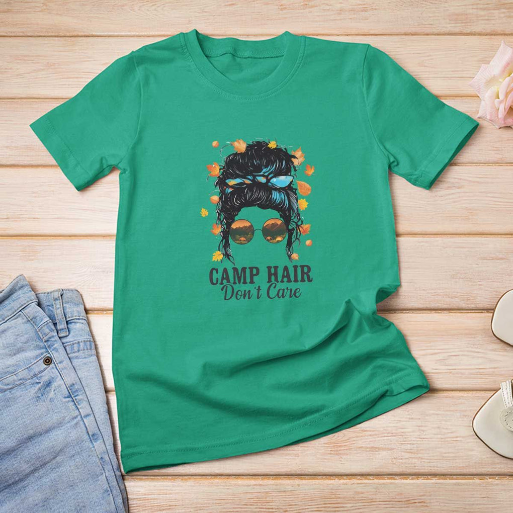 Funny Camping Lover T Shirt For Women Camp Hair Don't Care Messy Bun Camper TS11 Irish Green Print Your Wear