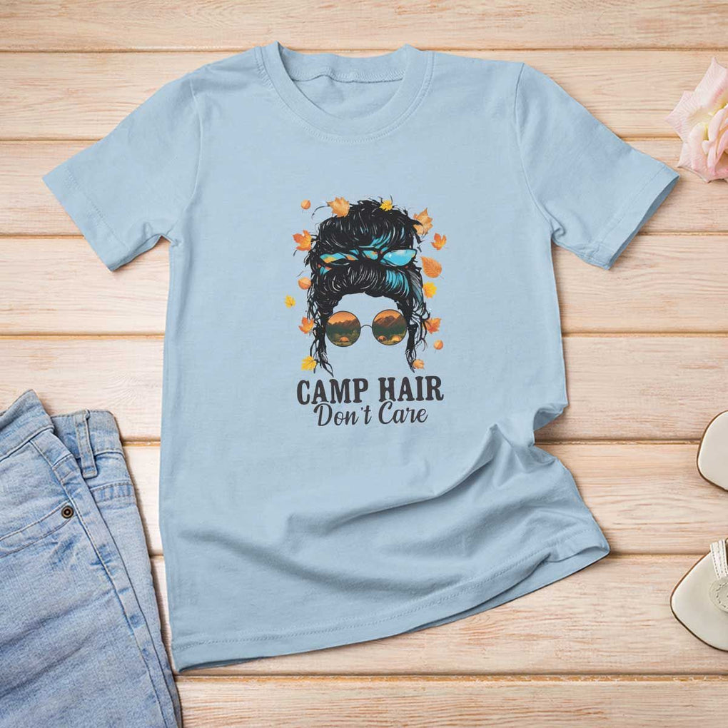 Funny Camping Lover T Shirt For Women Camp Hair Don't Care Messy Bun Camper TS11 Light Blue Print Your Wear