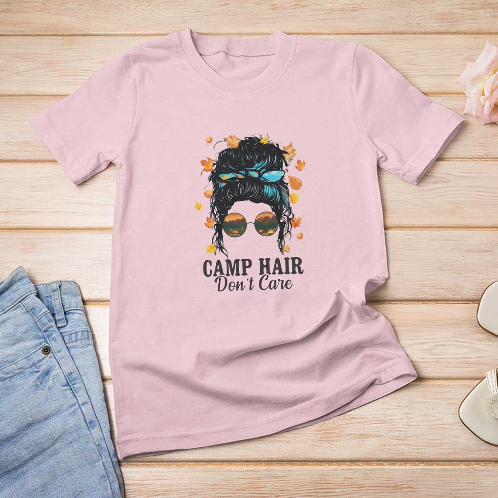 Funny Camping Lover T Shirt For Women Camp Hair Don't Care Messy Bun Camper TS11 Light Pink Print Your Wear