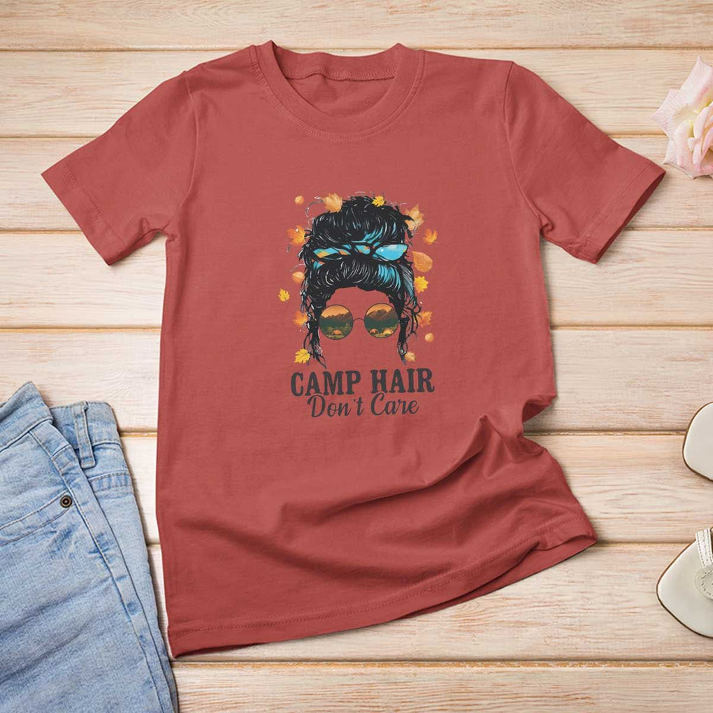 Funny Camping Lover T Shirt For Women Camp Hair Don't Care Messy Bun Camper TS11 Red Print Your Wear