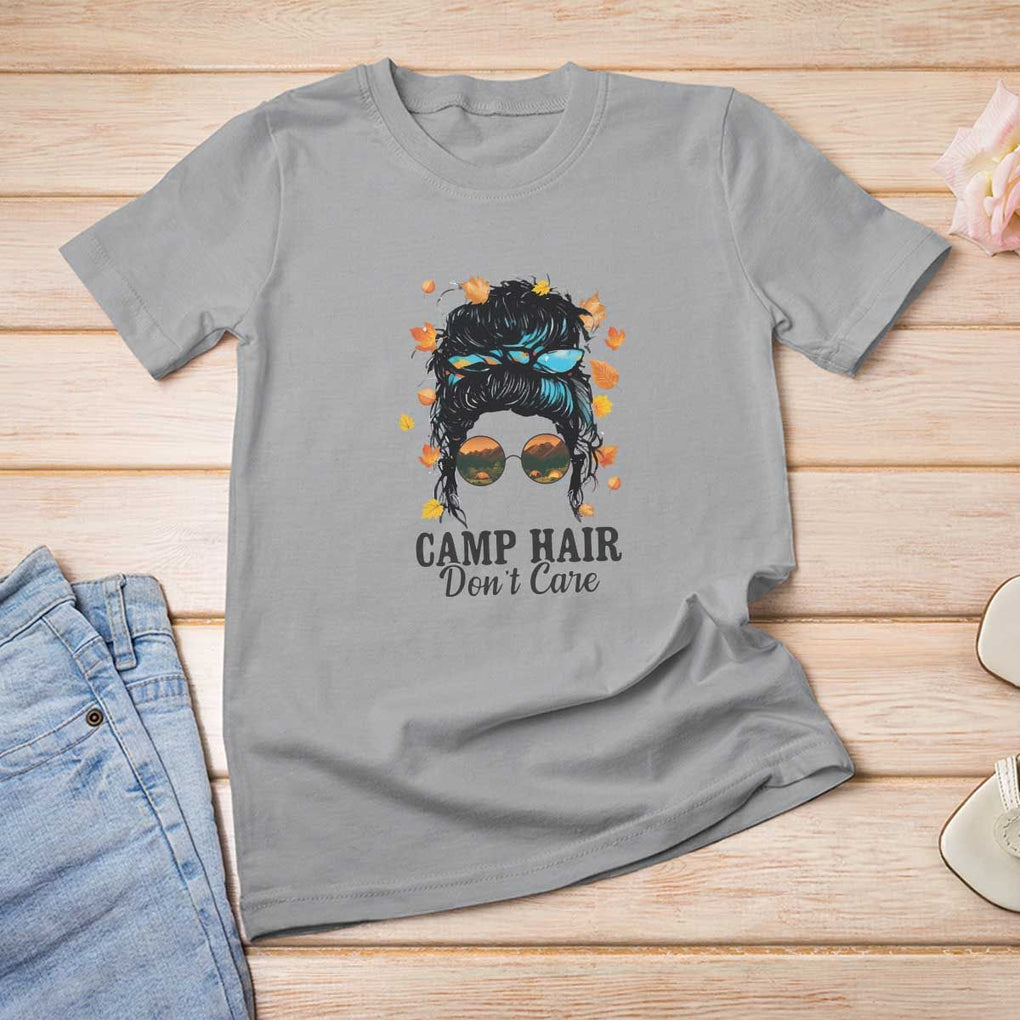 Funny Camping Lover T Shirt For Women Camp Hair Don't Care Messy Bun Camper TS11 Sport Gray Print Your Wear