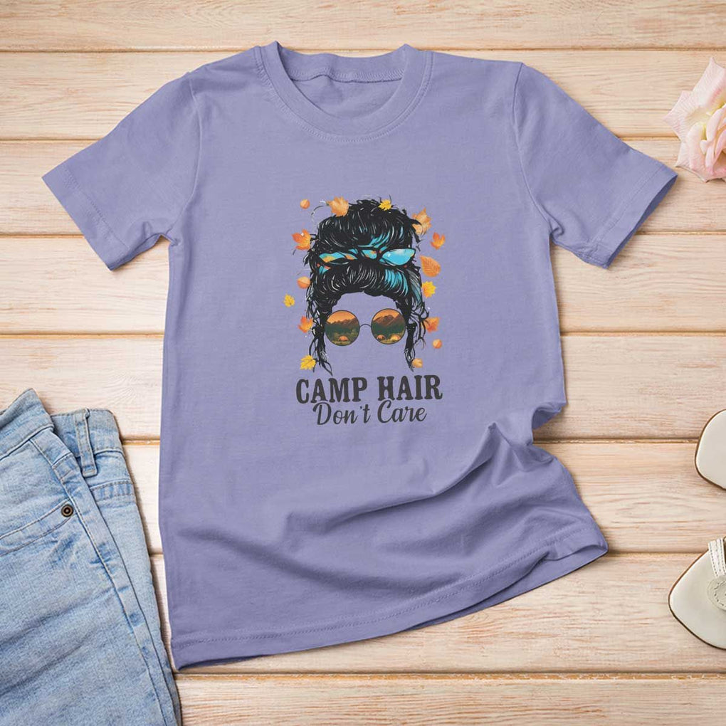 Funny Camping Lover T Shirt For Women Camp Hair Don't Care Messy Bun Camper TS11 Violet Print Your Wear