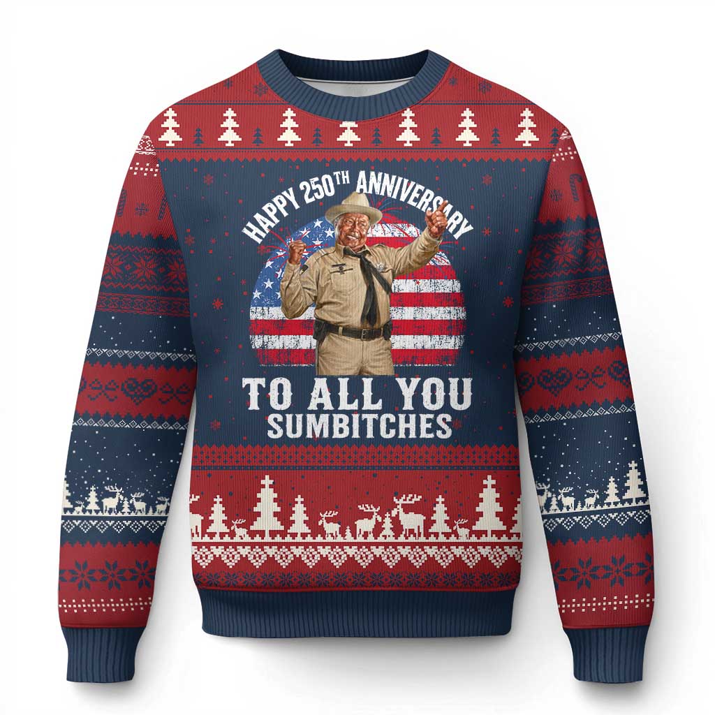 Happy 250th Anniversary To All You Sumbitches Ugly Christmas Sweater Funny Smokey Patriotic 70s Movie The Bandit