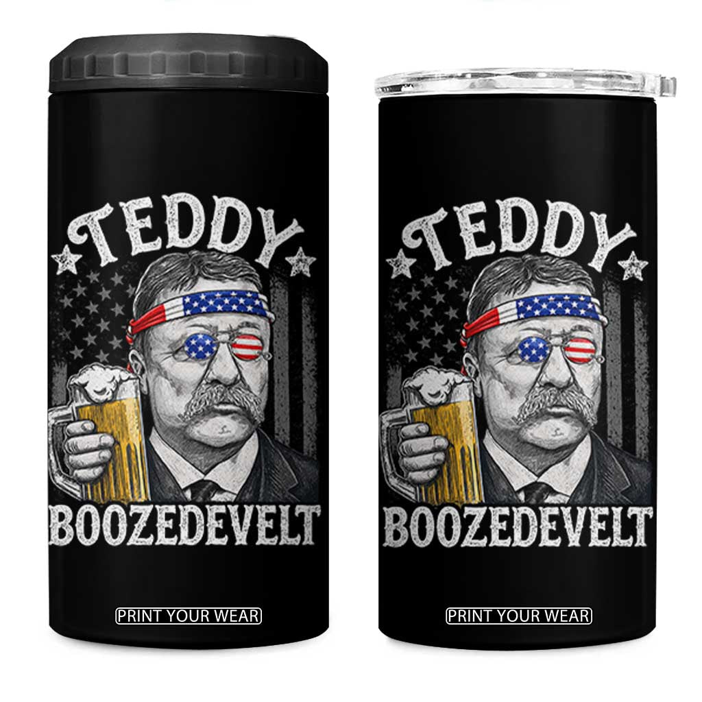 Teddy Boozedevelt Theodore Roosevelt 4th of July 4 in 1 Can Cooler Tumbler Funny Beer Drinking Vintage American Flag