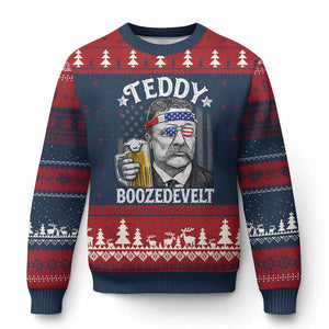 Teddy Boozedevelt Theodore Roosevelt 4th of July Ugly Christmas Sweater Funny Beer Drinking Vintage American Flag