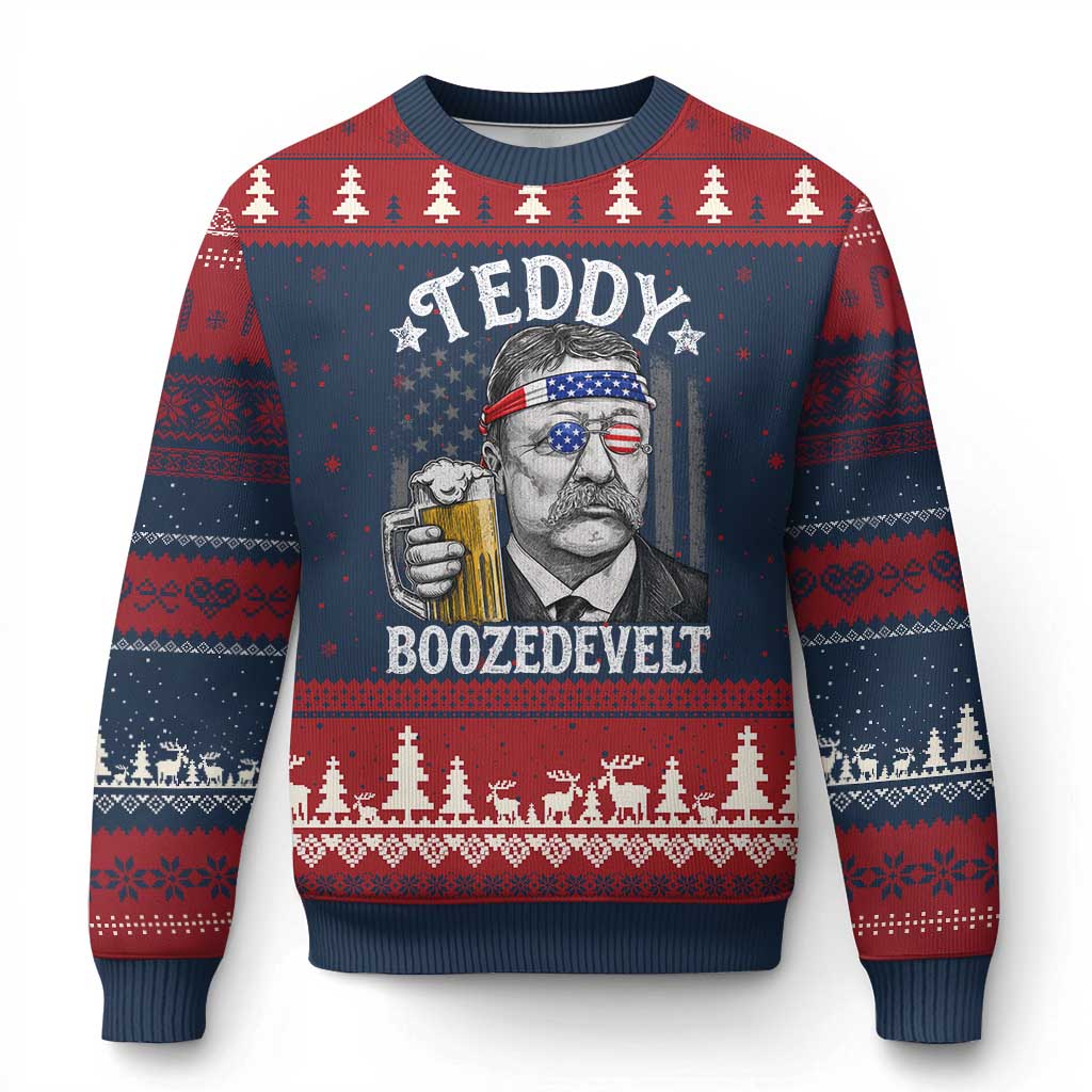Teddy Boozedevelt Theodore Roosevelt 4th of July Ugly Christmas Sweater Funny Beer Drinking Vintage American Flag TS11 Navy Red Print Your Wear