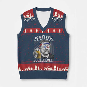 Teddy Boozedevelt Theodore Roosevelt 4th of July V-Neck Knit Sweater Vest Funny Beer Drinking Vintage American Flag