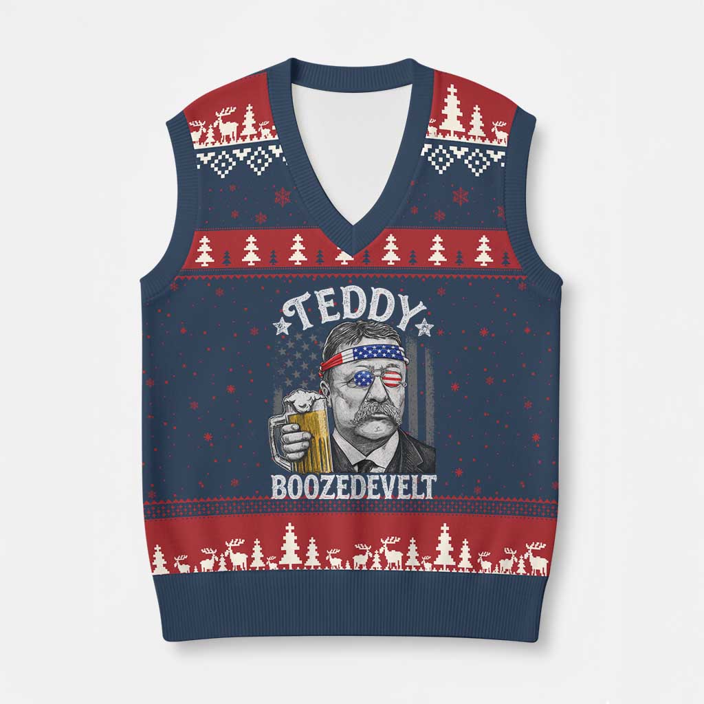 Teddy Boozedevelt Theodore Roosevelt 4th of July V-Neck Knit Sweater Vest Funny Beer Drinking Vintage American Flag TS11 Navy Red Print Your Wear