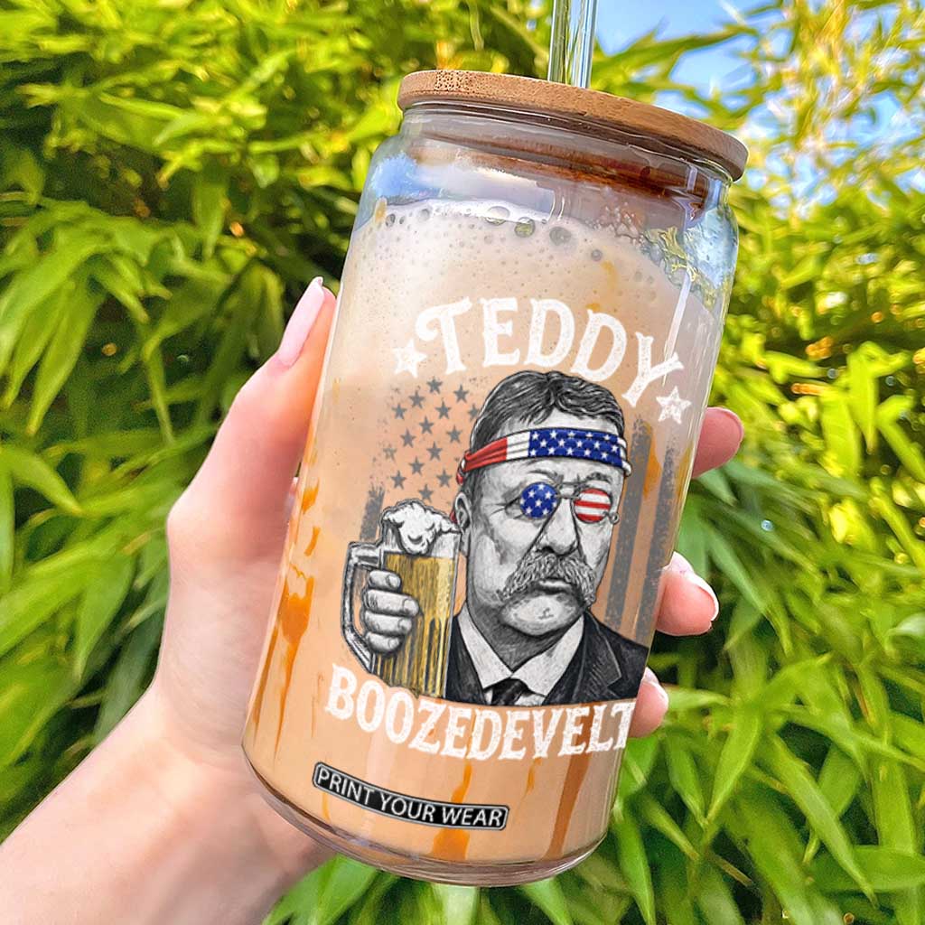 Teddy Boozedevelt Theodore Roosevelt 4th of July Glass Can Funny Beer Drinking Vintage American Flag