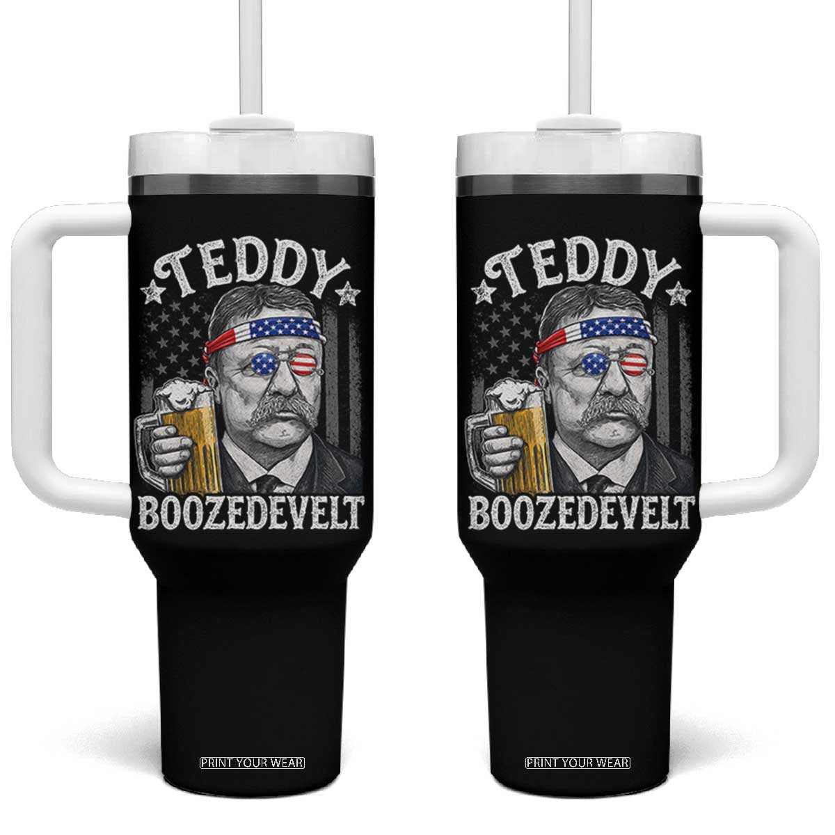 Teddy Boozedevelt Theodore Roosevelt 4th of July Tumbler With Handle Funny Beer Drinking Vintage American Flag