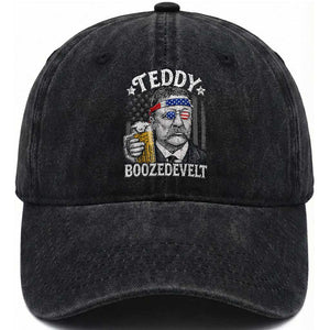 Teddy Boozedevelt Theodore Roosevelt 4th of July Washed Cotton Baseball Cap Funny Beer Drinking Vintage American Flag