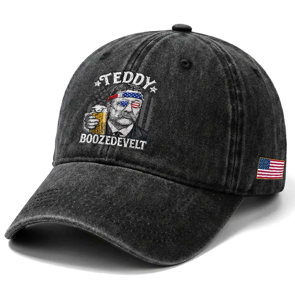 Teddy Boozedevelt Theodore Roosevelt 4th of July Washed Cotton Baseball Cap Funny Beer Drinking Vintage American Flag
