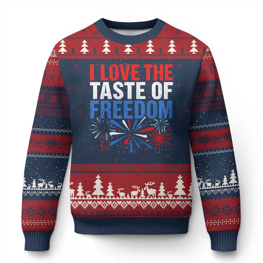 I Love The Taste Of Freedom Funny 4th of July Couple Matching Ugly Christmas Sweater US Fireworks TS11 Navy Red Print Your Wear