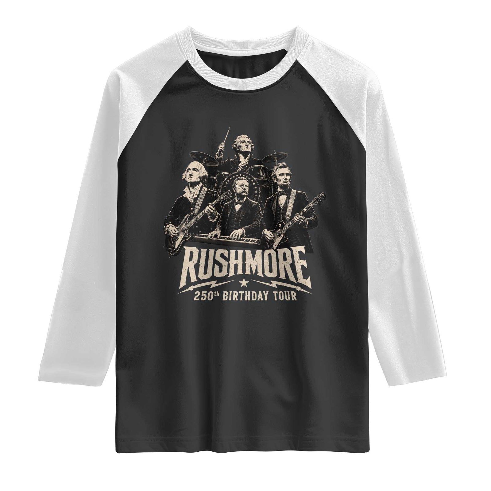 Rushmore 250th Birthday Tour Raglan Shirt Funny Presidents Rockstar Music TS11 Black White Print Your Wear