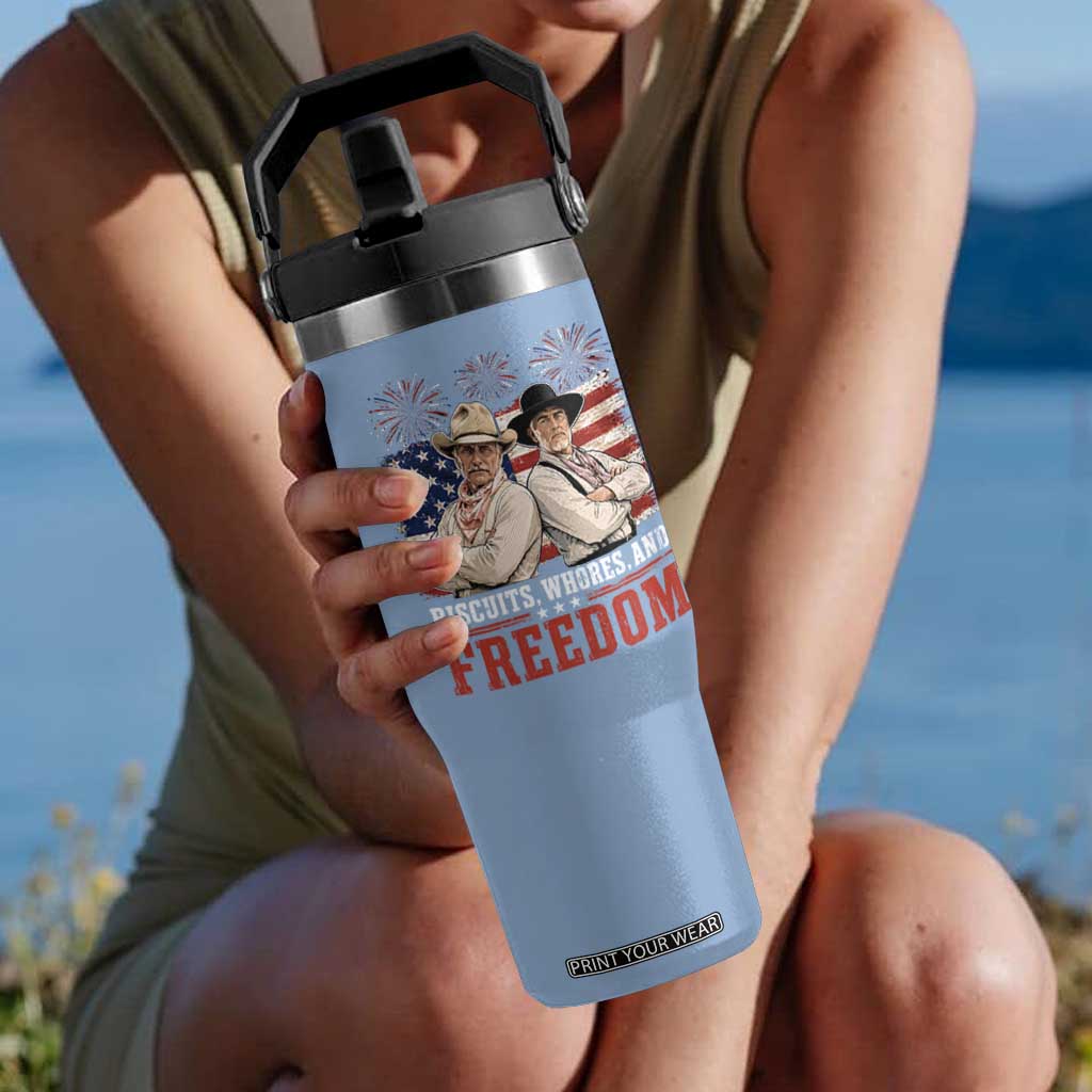 Biscuits Whores And Freedom Funny Western Cowboy 4th of July Flip Straw Tumbler