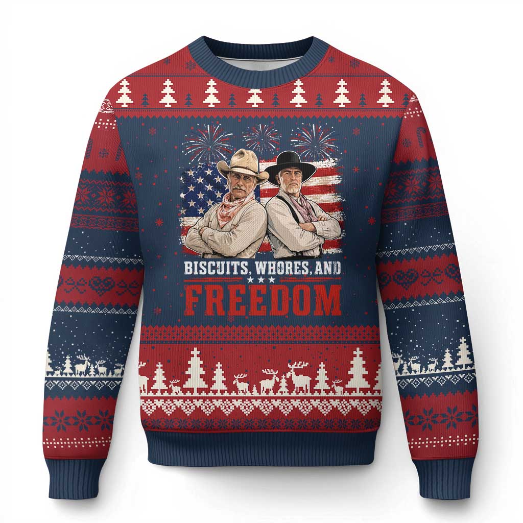 Biscuits Whores And Freedom Funny Western Cowboy 4th of July Ugly Christmas Sweater TS11 Navy Red Print Your Wear