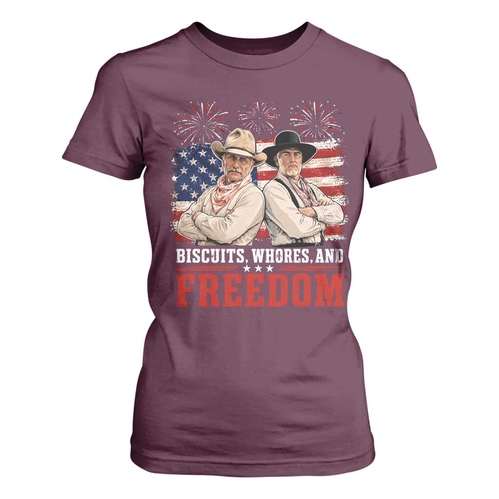 Biscuits Whores And Freedom Funny Western Cowboy 4th of July T Shirt For Women