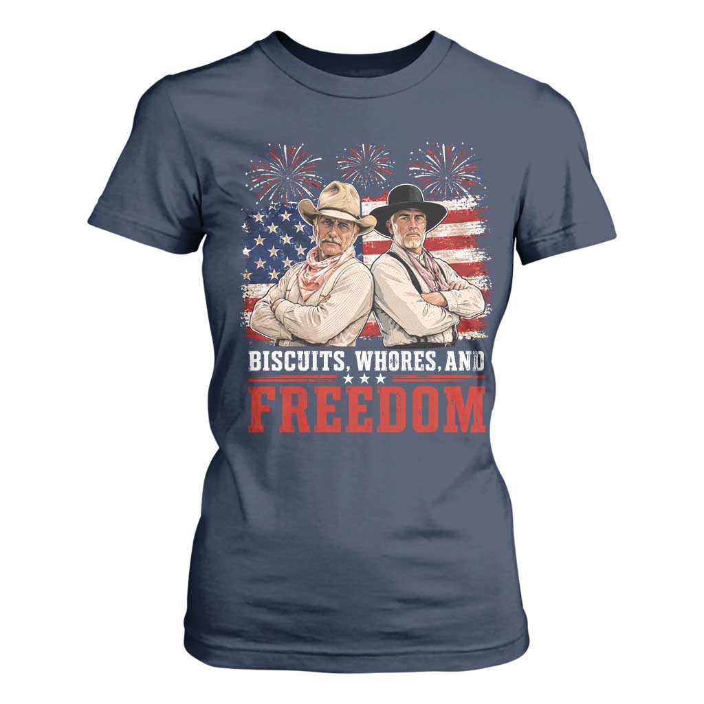 Biscuits Whores And Freedom Funny Western Cowboy 4th of July T Shirt For Women