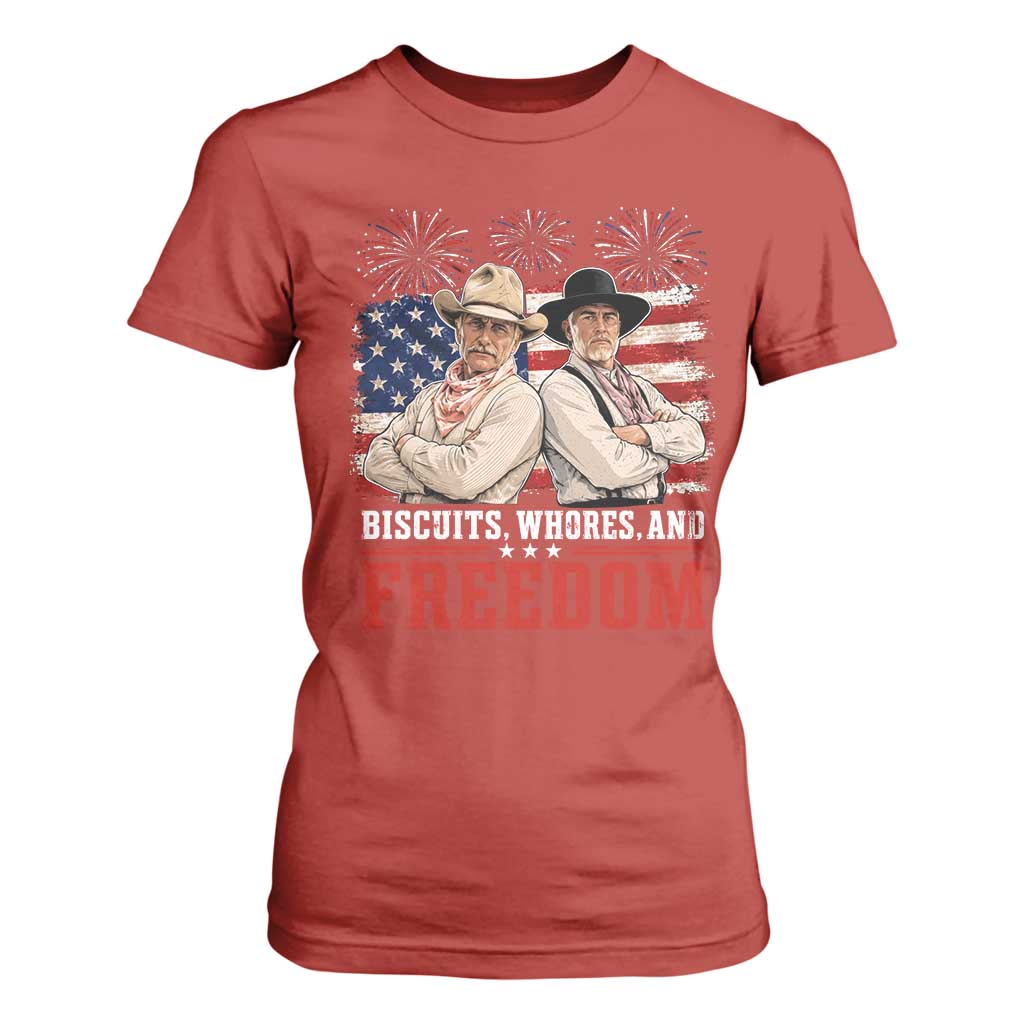 Biscuits Whores And Freedom Funny Western Cowboy 4th of July T Shirt For Women