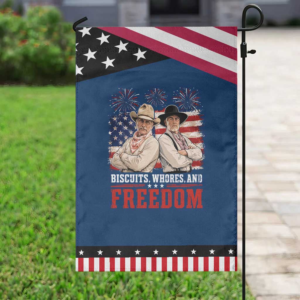 Biscuits Whores And Freedom Funny Western Cowboy 4th of July Patriotic Garden Flag
