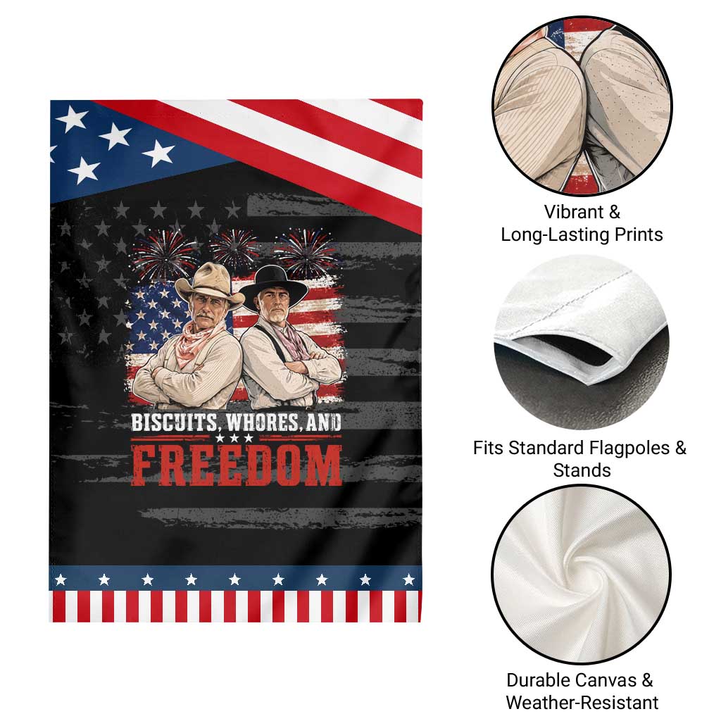 Biscuits Whores And Freedom Funny Western Cowboy 4th of July Patriotic Garden Flag