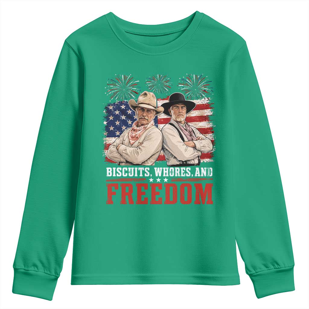 Biscuits Whores And Freedom Funny Western Cowboy 4th of July Youth Sweatshirt
