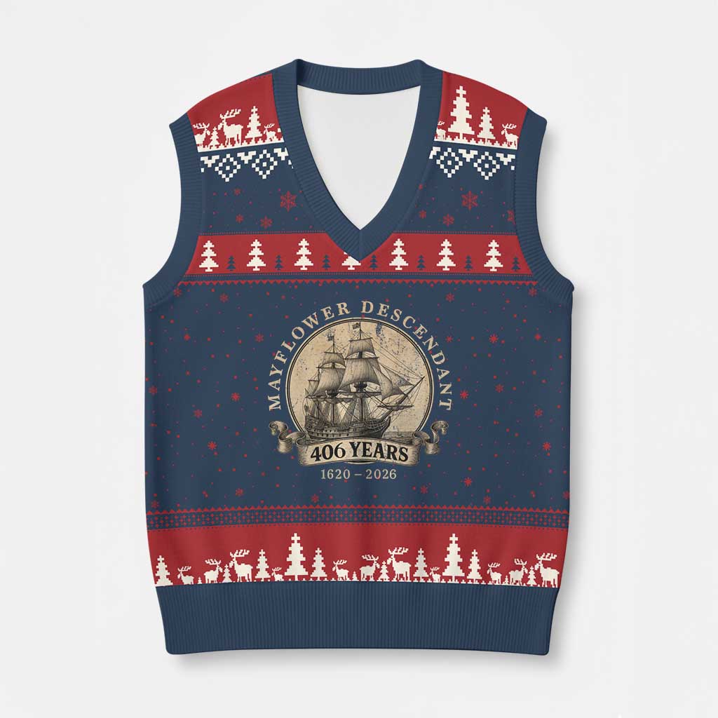Mayflower Descendant V-Neck Knit Sweater Vest 406 Years Pilgrim Fathers Thanksgiving History