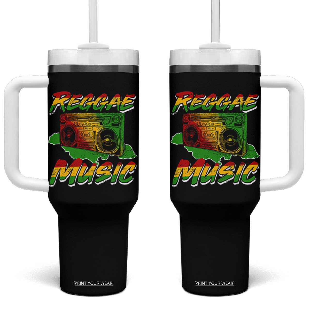 Reggae Music Tumbler With Handle Rastafari Rasta Jamaica Boombox TS11 One Size: 40 oz Black Print Your Wear