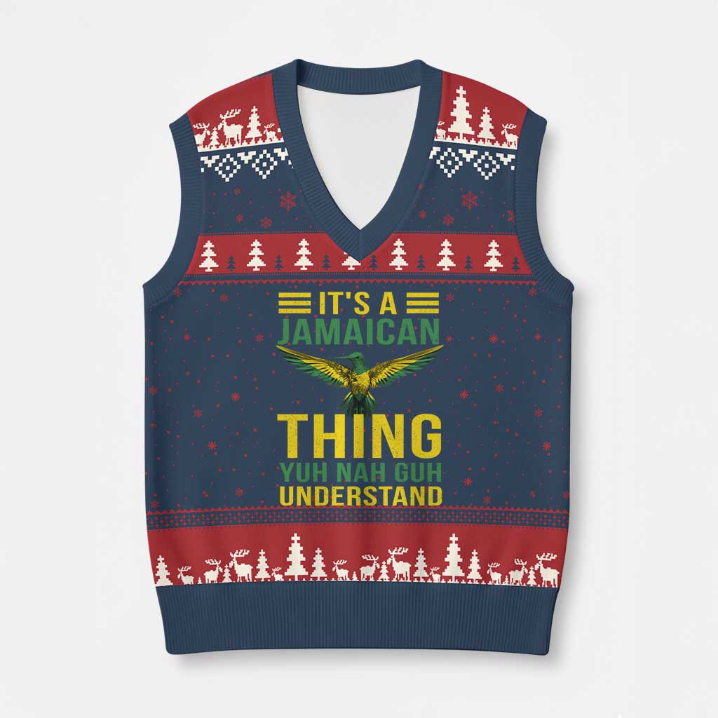 It's A Jamaican Thing Yuh Nah Guh Understand V-Neck Knit Sweater Vest Jamaica Hummingbird TS11 Navy Red Print Your Wear