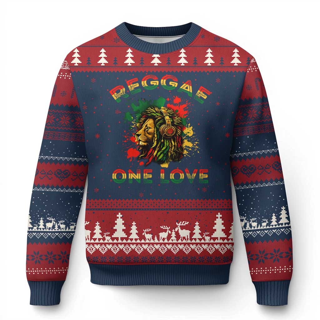 Reggae One Love Ugly Christmas Sweater Rasta Music Jamaican Pride Headphones Lion TS11 Navy Red Print Your Wear