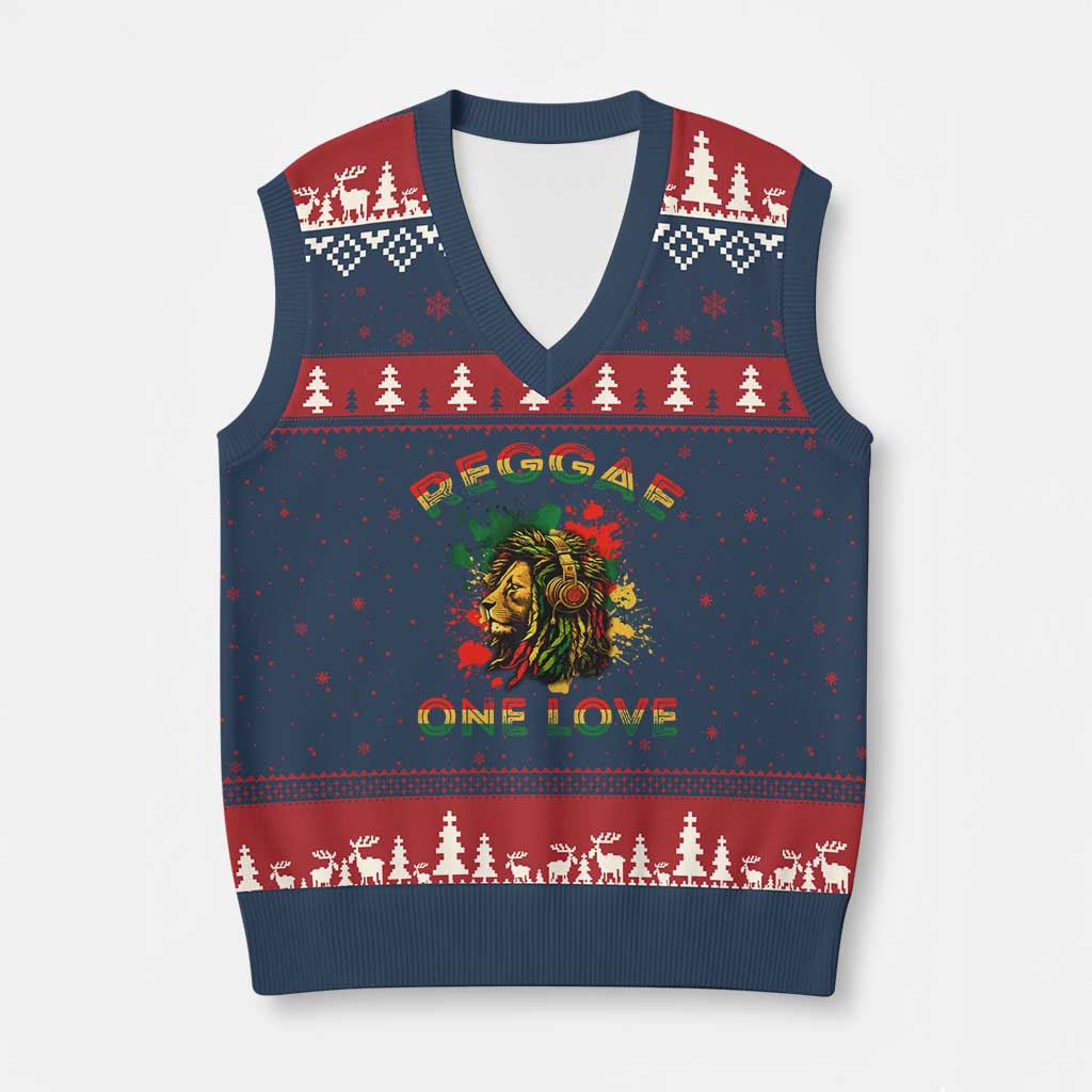 Reggae One Love V-Neck Knit Sweater Vest Rasta Music Jamaican Pride Headphones Lion TS11 Navy Red Print Your Wear