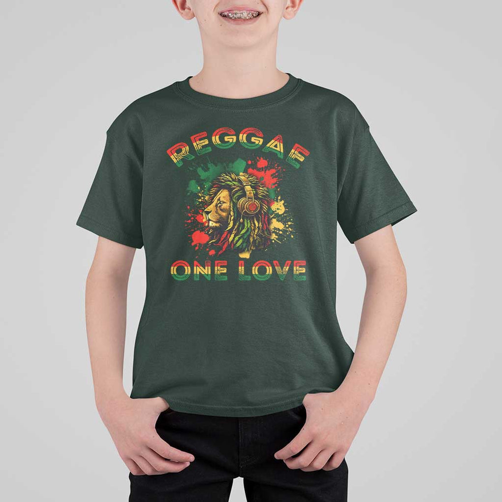 Reggae One Love T Shirt For Kid Rasta Music Jamaican Pride Headphones Lion TS11 Dark Forest Green Print Your Wear