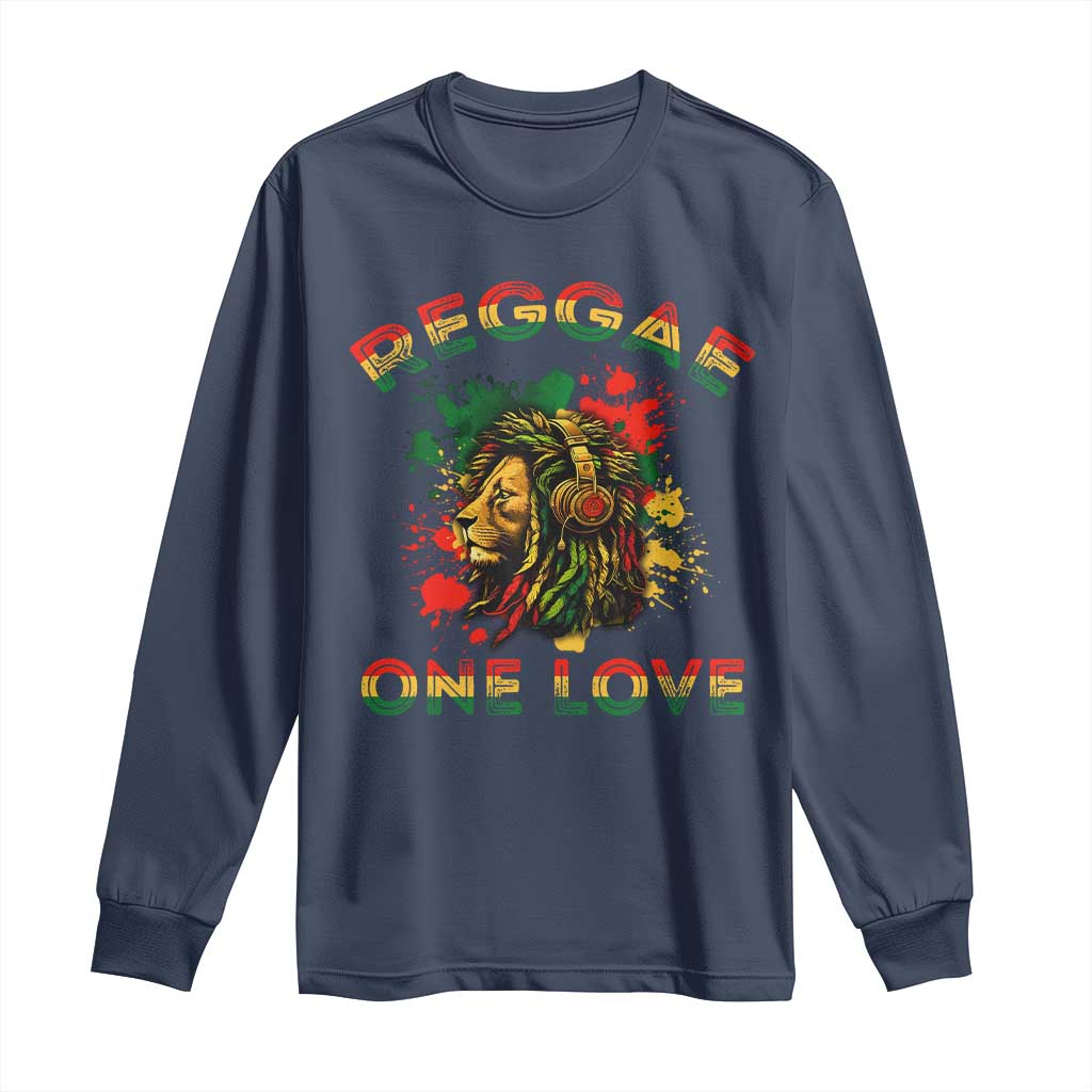 Reggae One Love Long Sleeve Shirt Rasta Music Jamaican Pride Headphones Lion TS11 Navy Print Your Wear