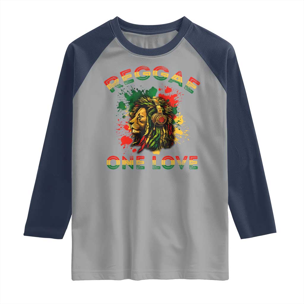 Reggae One Love Raglan Shirt Rasta Music Jamaican Pride Headphones Lion TS11 Sport Gray Navy Print Your Wear