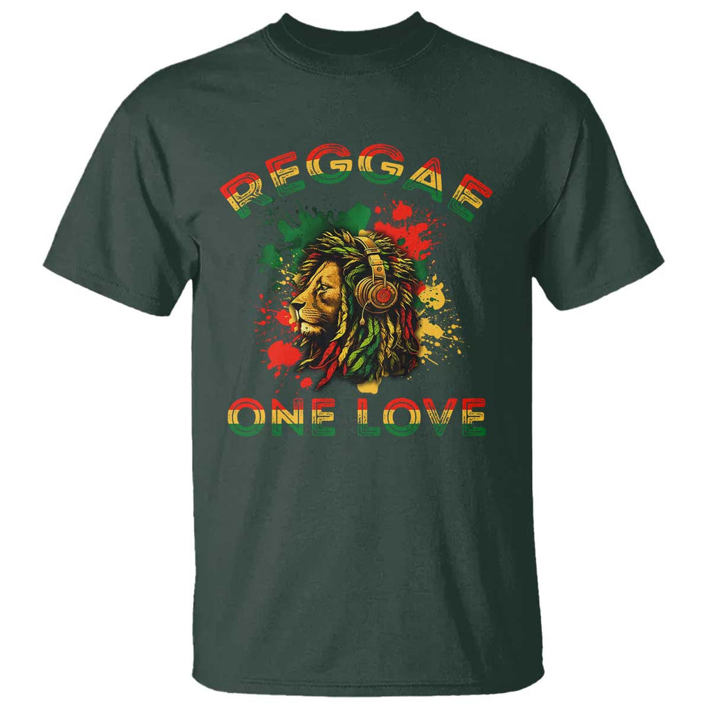 Reggae One Love T Shirt Rasta Music Jamaican Pride Headphones Lion TS11 Dark Forest Green Print Your Wear