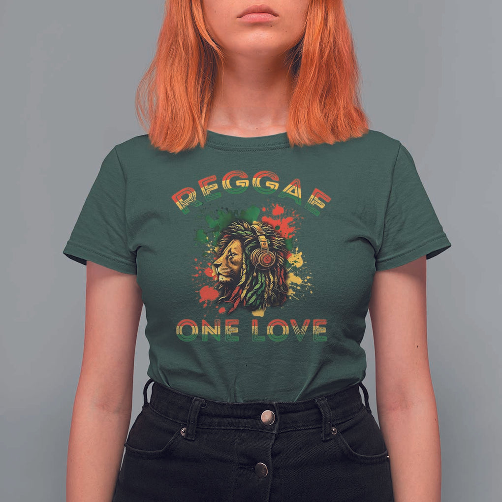 Reggae One Love T Shirt For Women Rasta Music Jamaican Pride Headphones Lion TS11 Dark Forest Green Print Your Wear