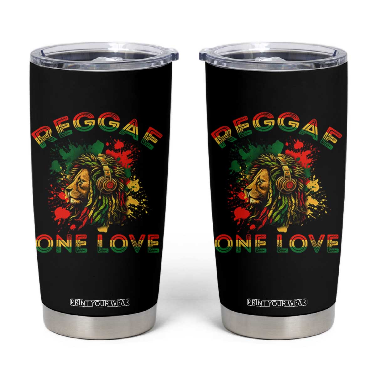 Reggae One Love Tumbler Cup Rasta Music Jamaican Pride Headphones Lion TS11 Black Print Your Wear