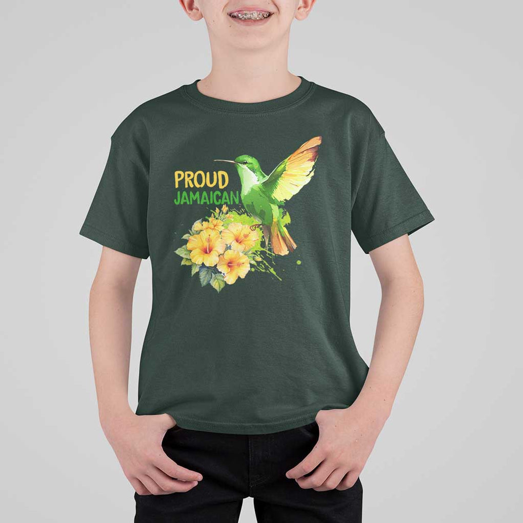 Proud Jamaican T Shirt For Kid Jamaica Flag Hummingbird Hibiscus TS11 Dark Forest Green Print Your Wear