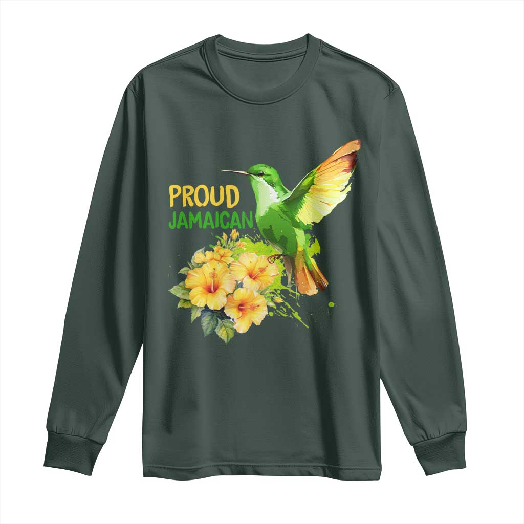 Proud Jamaican Long Sleeve Shirt Jamaica Flag Hummingbird Hibiscus TS11 Dark Forest Green Print Your Wear