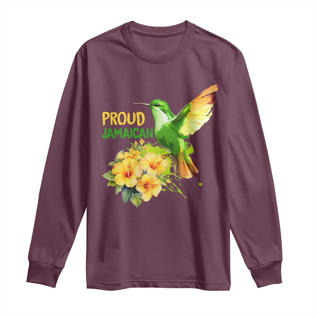 Proud Jamaican Long Sleeve Shirt Jamaica Flag Hummingbird Hibiscus TS11 Maroon Print Your Wear