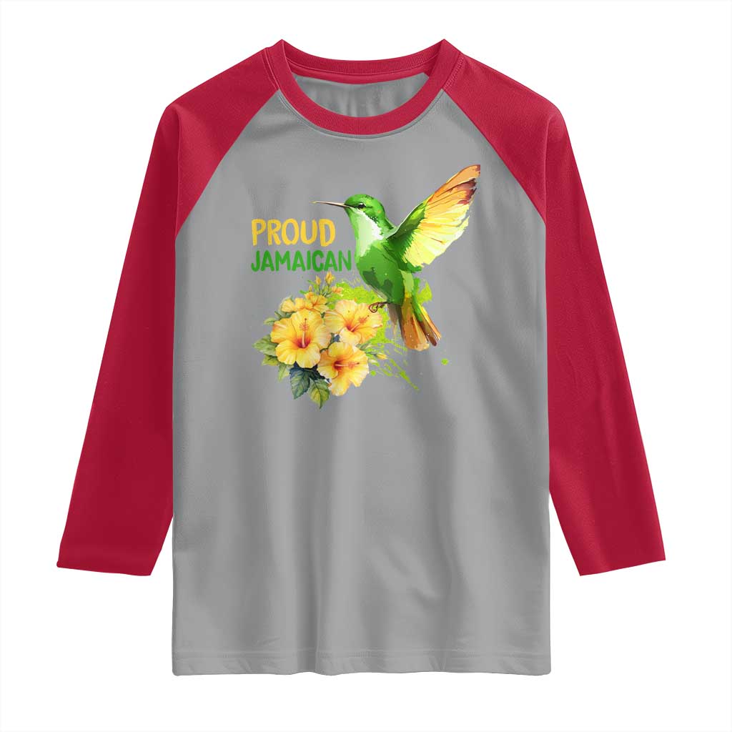 Proud Jamaican Raglan Shirt Jamaica Flag Hummingbird Hibiscus TS11 Sport Gray Red Print Your Wear