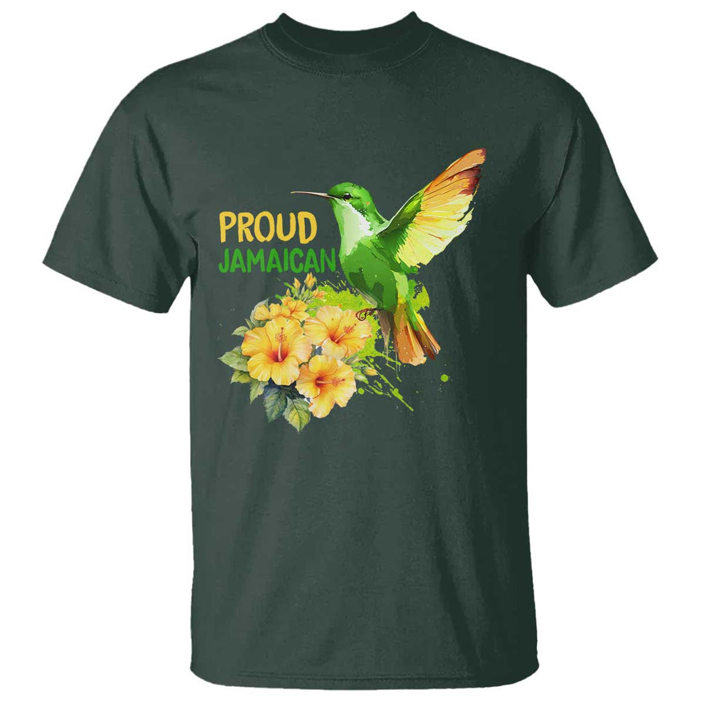 Proud Jamaican T Shirt Jamaica Flag Hummingbird Hibiscus TS11 Dark Forest Green Print Your Wear
