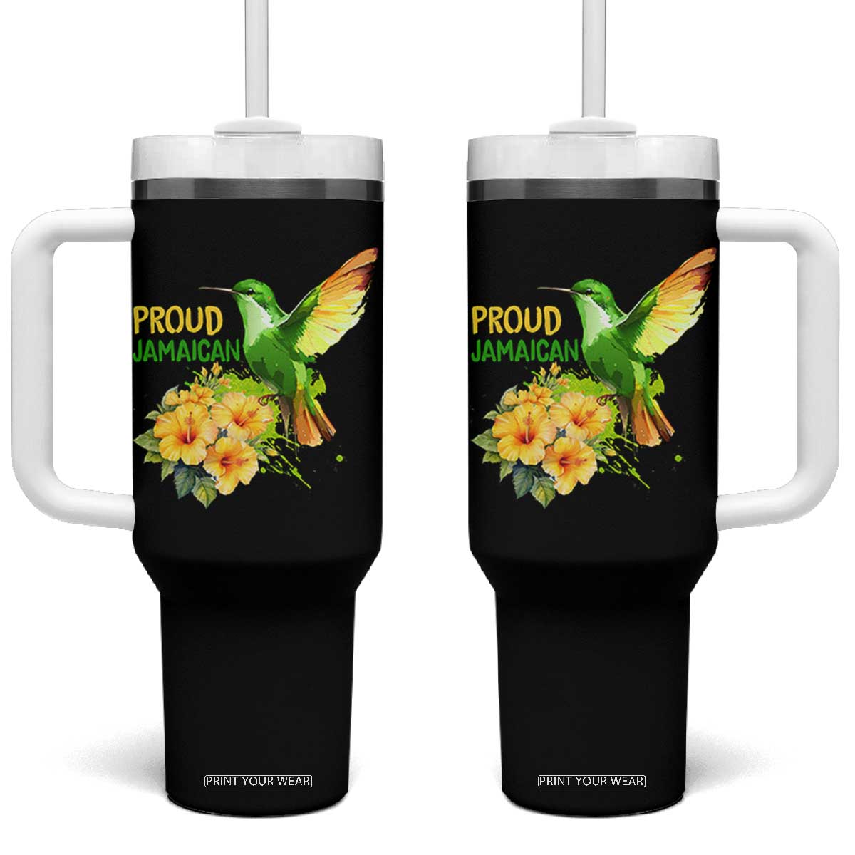 Proud Jamaican Tumbler With Handle Jamaica Flag Hummingbird Hibiscus TS11 One Size: 40 oz Black Print Your Wear